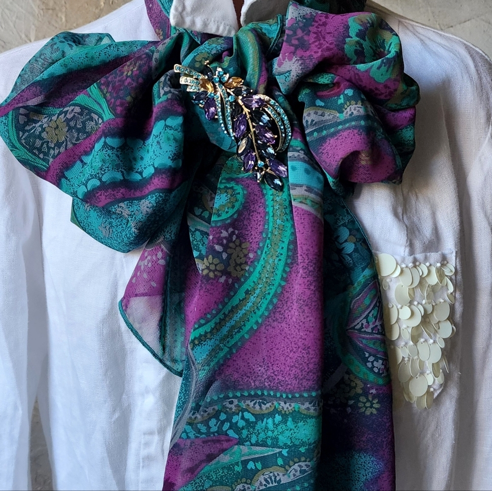 Designer Blue Purple Violet Scarf Silk/Viscose Bow Jabot Paisley Big Brooch - Picture 16 of 17